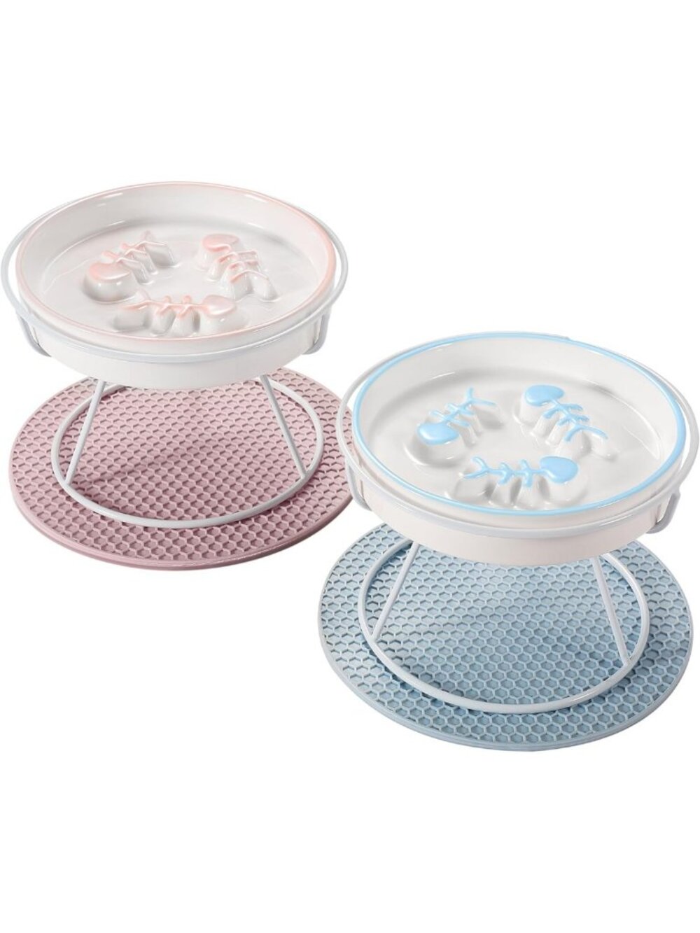 Elevated Ceramic Cat Bowls Set - Anti-Vomit, Removable Dishes, Pink & Blue